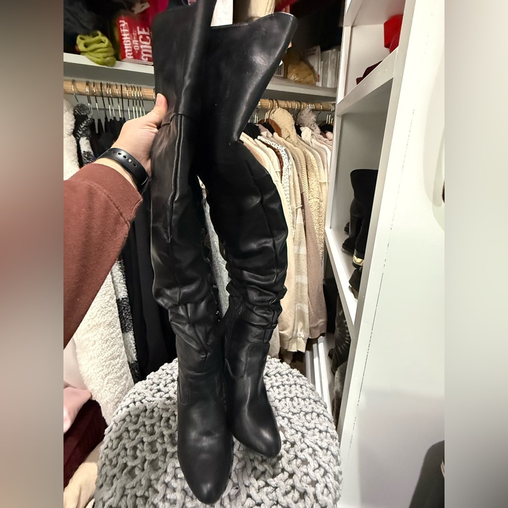 Forever black thigh high heeled boots worn twice, size 8.5